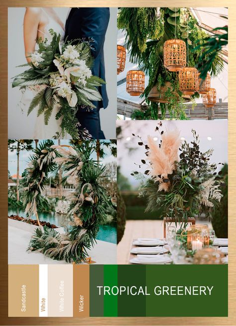 Bali Inspired Wedding, Tropical Wedding Color Palette, Green Wedding Palette, Cost Rica, Western Weddings, Wedding Color Scheme, Hawaii Beach Wedding, Kauai Wedding, Cancun Wedding