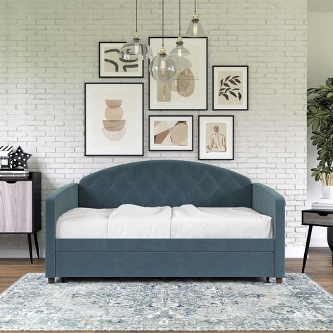 Metal Daybed With Trundle, Full Daybed, Crochet Lamp, Twin Daybed With Trundle, Metal Daybed, Diamond Tufting, Queer Eye, Upholstered Daybed, Navy Blue Velvet