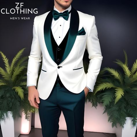 White Coat Pant For Men Suits Wedding, White Suit For Men Wedding, Groom Colored Suit, Green Suit For Groom, Royal Suits For Men, White Velvet Suit, Green Mens Suit, Tuxedo For Men Wedding, Black Groomsmen Suits