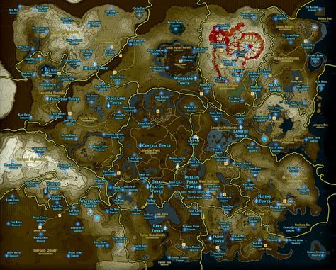 Here's the full high-res map of Zelda Breath of the Wild with all locations. Botw Map, Botw Shrine, Zelda Map, Botw Zelda, Legend Of Zelda Botw, Zelda Botw, Zelda Breath Of The Wild, Legend Of Zelda Breath, Red Moon