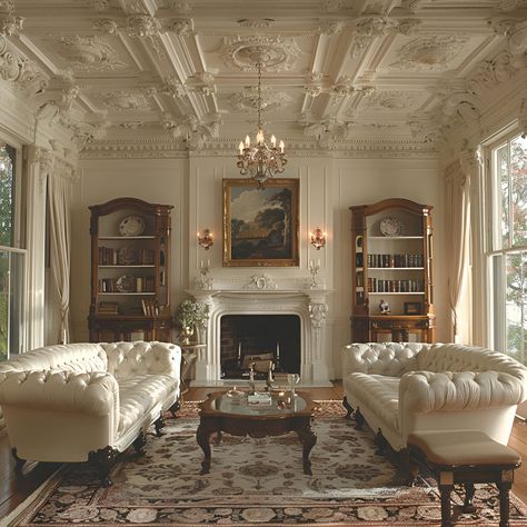 Discover the timeless elegance of a parlor with ornate Victorian ceilings and white walls, highlighted by plush cream sofas and an antique fireplace. The room features intricate ceiling carvings, vintage rugs, and large windows that flood the space with natural light, adding to the classic and sophisticated ambiance. Victorian Mixed With Modern, Classical Room Interior, Vintage Mansion Living Room, House With Antiques, Victorian White House, French Antique Interior, Traditional Victorian Living Room, Victorian House Interiors Vintage, Ornate Victorian Houses