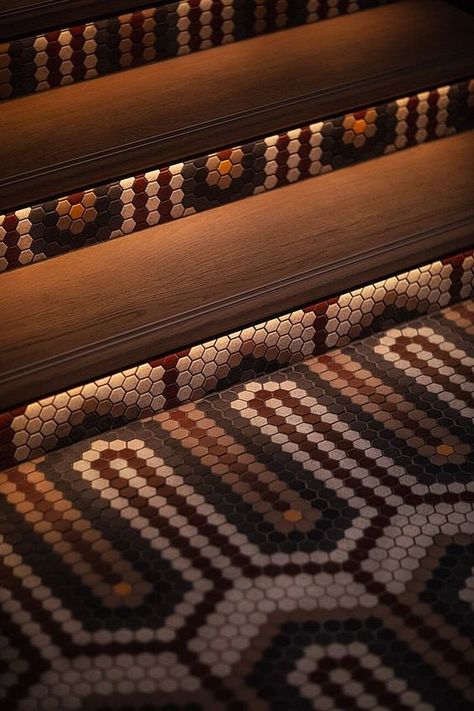 Floor Pattern Design, Tiled Staircase, Floor Pattern, Pattern Tiles, Restaurant Interior Design, Hospitality Design, Floor Patterns, Staircase Design, Hotel Design