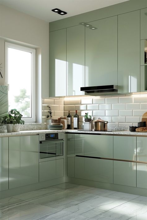 54 Inspiring Ideas for a Tranquil Sage Green Kitchen - DecorWithEva Creative Kitchen Backsplash, Light Green Kitchen, Kitchen Unit Designs, Mint Green Kitchen, Mint Kitchen, Green Kitchen Designs, Sage Green Kitchen, Green Kitchen Cabinets, Modern Kitchen Cabinet Design