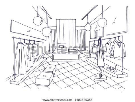 Outline Drawing Clothing Boutique Interior Furnishings Stock Illustration 1403325383 Clothing Boutique Interior, Interior Architecture Sketch, Retail Store Interior Design, Clothing Store Interior, Drawing Interior, Interior Design Drawings, Retail Store Interior, Interior Design Sketches, Store Layout