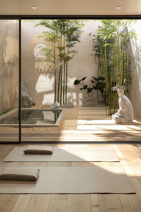 Tranquil Yoga Room Ideas with Zen Garden Zen Minimalist Interior Design, Natural Yoga Studio, Zen Indoor Garden, Outside Yoga Space Ideas, Garden Yoga Studio, Indoor Garden Ideas Houses, Yoga In Garden, Wellness Centre Design, Yoga Room Ideas Zen Space