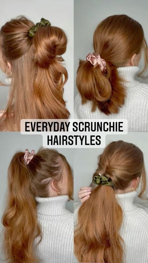 1 Scrunchie Hairstyles, One Scrunchie Hairstyles, Hairstyles Scrunchie, Scrunchie Hairstyles Short Hair, Hairdo With Scrunchie, Hairstyles With Scrunchies, Aesthetic Scrunchie Hairstyles, Xl Scrunchie Hairstyles, Hair Stylist Life