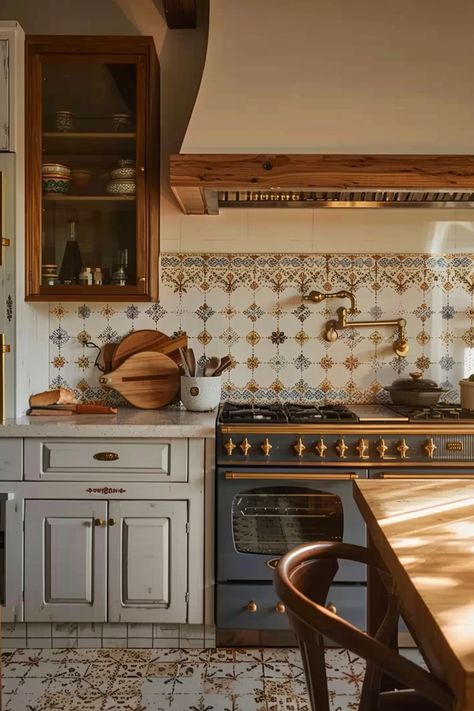 Kitchen Brick Fireplace, French Cottage Style Kitchen, French Country Inspired Kitchen, Vintage Traditional Kitchen, Cool Kitchen Tiles, Italian Tiles Kitchen, Victorian Home Kitchen Remodel, Portugese Tiled Kitchen, Old House Kitchen Ideas