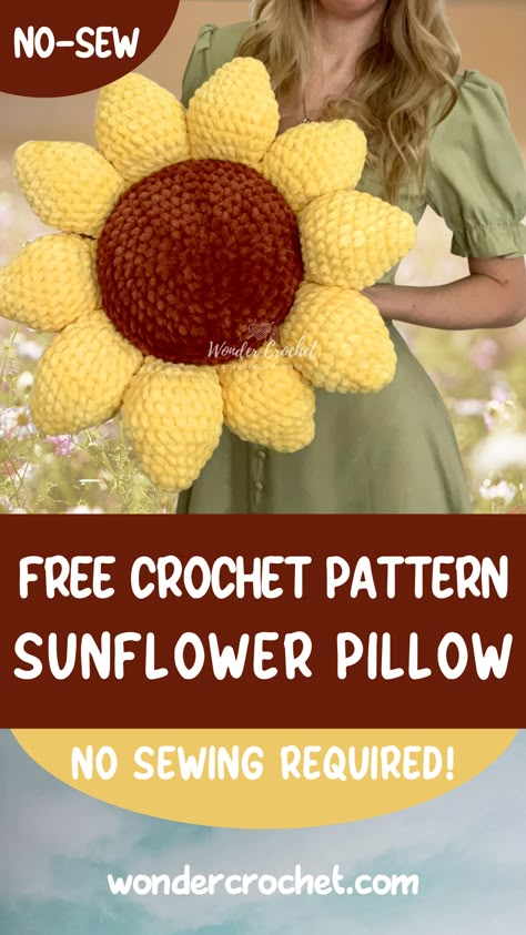 Crocheted Sunflower Pillow, Sunflower Crochet Pattern Pillow, Crochet Projects Free Pattern Clothes, Crochet Sunflower Pillow Cover, Crochet Amigurumi Sunflower Pattern Free, Sunflower Crochet Gift Ideas, Fall Crocheted Items, Sunflower Crochet Patterns Free, Crochet Sunflowers Free Pattern Easy