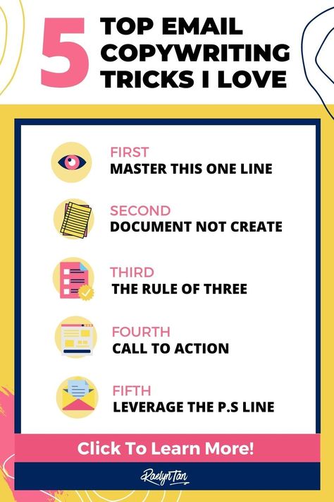 Here are 5 email copywriting tips for you to write profitable emails and grow your list! Learn my best strategies and ideas for you to create great email copy. Get copywriting inspiration and email marketing ideas today, whether you are a beginner or advanced copywriter! Examples included :) via @raelyntan Email Copywriting, Email Marketing Ideas, Copywriting Inspiration, Copy Writing, Website Copywriting, Marketing For Small Business, Marketing Copywriting, Email Examples, Copywriting Tips