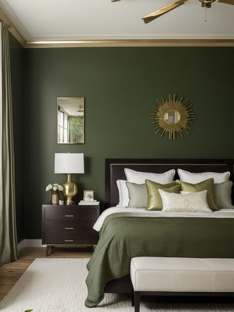 Forest Green Bedrooms, Green Bedroom Walls, Green Bedroom Decor, Green Accent Walls, Dark Green Walls, Gold Bedroom, Green Bedroom, Green Walls, Green Rooms