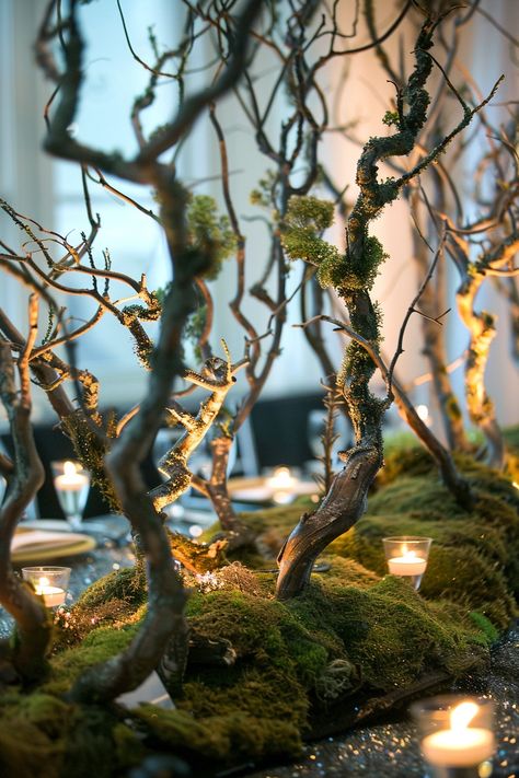 Transform your wedding tables into a woodland fantasy! Fallen tree branches rise like sculptures, entwined with fresh moss and the delicate sparkle of LED lights. Perfect for couples seeking that magical, natural touch 🌿✨. #WeddingInspiration #DIYWedding #RusticWedding #WeddingDecor #NaturalWedding #EcoFriendlyWedding #WeddingTableDecor #WeddingCenterpiece Driftwood And Moss Centerpieces, Wedding Moss Decor, Indoor Forest Wedding, Tree Trunk Decoration Ideas, Moss Centerpiece, Diy Branch Centerpieces, Diy Nature Decor, Moss Centerpieces, Moss Wedding