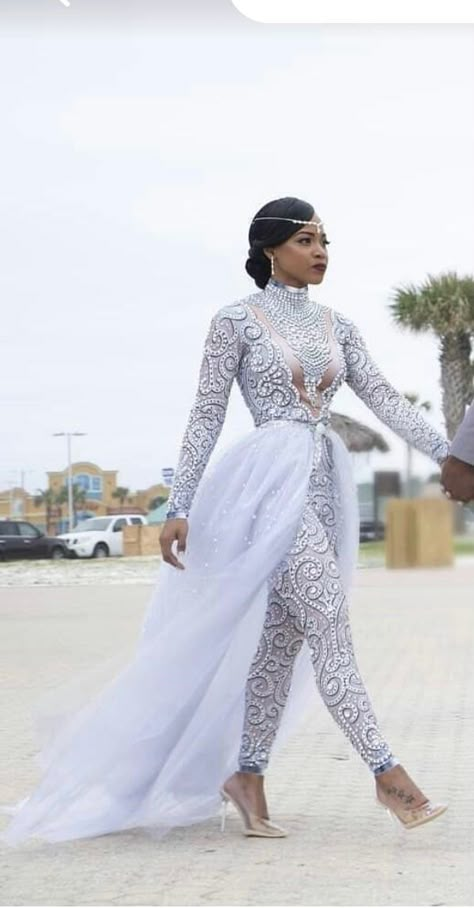 Beaded long sleeve pant suit with detachable train – Darius Collection Plus Size Wedding Jumpsuit, Tulle Jumpsuit, Wedding Romper, Jumpsuit White, Formal Ball Gown, Wedding Ideas Dresses, Fancy Wedding Dresses, Wedding Jumpsuit, Fancy Wedding