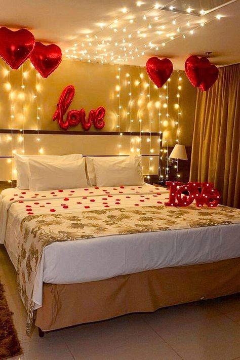 Bride Bedroom Decoration, Wedding Night Bedroom, Couple Room Decor, Birthday Room Surprise, Romantic Bedroom Lighting, Wedding Night Room Decorations, Bedroom Flowers, Room Surprise, Romantic Room Surprise