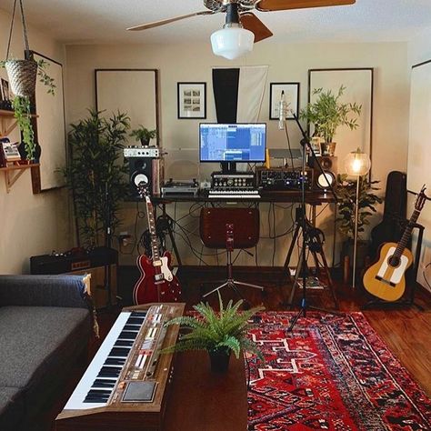 Perfect home studio to create in by @twotempests 🔥 - - - - Follow @rec.mix.master for more audio related content! 🔈 Apartment Recording Studio, Music Studio Home Ideas, Musician Studio Apartment, Interior Design Music Room, Music Studio Artwork, Living Room Recording Studio, Music Studio Bedroom Small Spaces, Music Studio In House, Recording Studio At Home