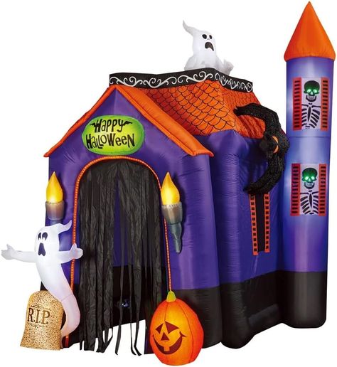 Easy Set-up Pre-Lit Inflatable Haunted House 12-foot Micro LED Lights Interior Rotating Projection Light Show Self-inflates in seconds Dimensions: 94" W x 122" D x 144" H Halloween Yard Inflatables, Halloween Blow Ups, Scary Halloween Decorations Outdoor, Spooky Haunted House, Lights Interior, Indoor Holiday Decor, Trick Or Treaters, Nightmare Before Christmas Halloween, Halloween Inflatables