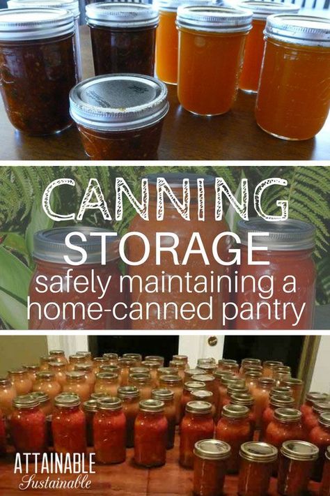 Learn proper canning storage techniques in order to make sure that your home-canned goods remain safe. Smart pantry storage will preserve the quality of the food, prevent loss, and even keep the glass jars safe in the event of an earthquake. Much of this is true for storage of emergency dry goods stored in glass jars, too. #canning #pantry #prepping via @Attainable Sustainable Pantry Prepping, Store Mason Jars, Canning Pantry, Canning Storage, Canned Good Storage, Attainable Sustainable, Canning Jar Storage, Diy Canning, Small Farming