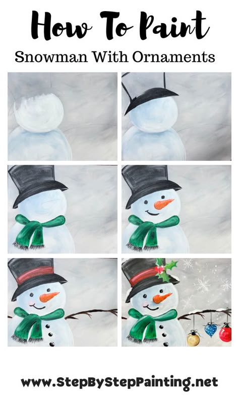 Painting Winter Scenes Easy, Neutral Christmas Painting, Snowman Painted Windows, Hand Painted Snowflakes, Snow Paintings On Canvas, Kids Holiday Painting Ideas, Canvas Painting Ideas For Beginners Step By Step Christmas, Paint Party Tutorials Step By Step, Snowman Acrylic Painting On Canvas