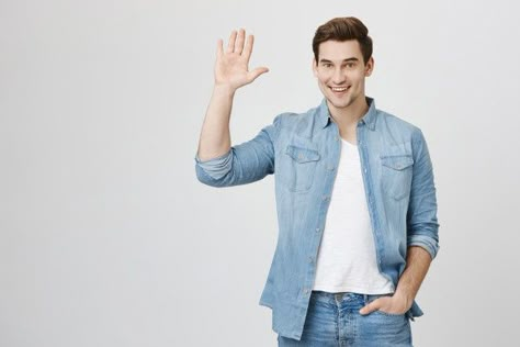 Friendly guy waving hand, saying hello | Free Photo #Freepik #freephoto #people #hand #fashion #man Guy Waving Drawing, Waving Hand Pose Reference, Guy Waving, Raj And Bowie, Artistic Portrait Photography, Waving Hand, Hand On Head, Cut Out People, Fun Buns