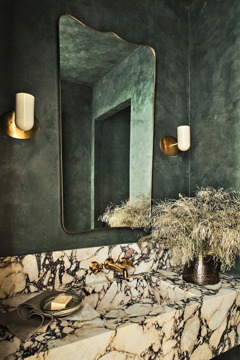 Moody Green Bathroom, Moody Powder Room, Moody Bathroom, Cheviot Hills, Portola Paint, Moody Green, Interior Design Minimalist, Powder Room Design, Green Walls