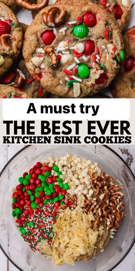 Christmas Kitchen Cookies, Holiday Kitchen Sink Cookie Recipe, Christmas Dump Cookies, Christmas Kitchen Sink Cookies Recipe, Everything Except The Kitchen Sink Cookies, Everything Christmas Cookies, Best Kitchen Sink Cookies, Easy Kitchen Sink Cookies, Christmas Cookie Party Recipes