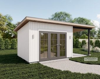 Modern Garden Shed, Building Blueprints, She Shed Plans, Garden Shed Plans, Cabin Plan, Shed With Porch, A Frame Cabin Plans, Office Shed, Pool Shed