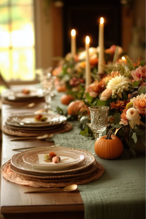 Bring warmth and elegance to your Sage Green Thanksgiving Table with earthy tones like warm browns, taupe, and burnt orange! 🍂 This beautifully styled table features lush florals, natural textures, and cozy details that capture the essence of autumn. Perfect for creating a welcoming and festive atmosphere, this table setting combines sage green with earthy hues to make your holiday gathering unforgettable. Decorating Ideas For Thanksgiving Table, Sage Green Thanksgiving Table, Thanksgiving Table Simple, Cottagecore Table Setting, Sage Green Table Decor, Thanksgiving Dining Room Table Decor, Thanksgiving Dining Room Table, Thanksgiving Tablescapes Elegant, Green Table Decor