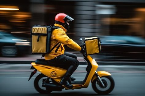 Photo a food delivery man in a helmet an... | Premium Photo #Freepik #photo #mobile-delivery #delivery-app #online-delivery #restaurant-delivery Delivery Man Photography, Motorcycle Courier, Delivery Service Design, Delivery Aesthetic, Food Delivery Bike, Bike Delivery, Delivery Bike, Photo Mobile, Job Poster