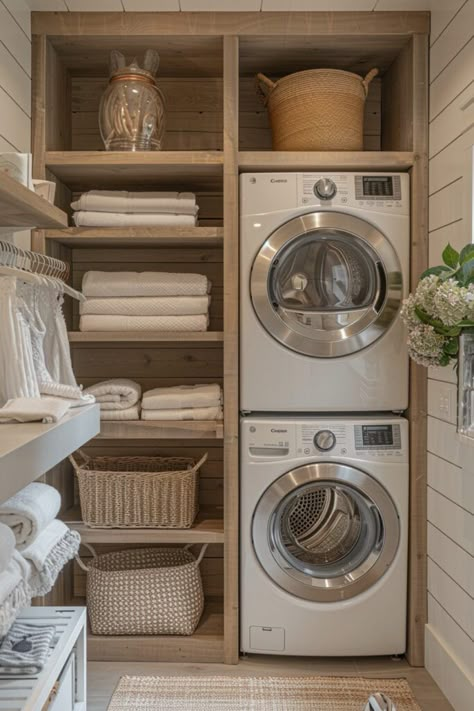 Scandinavian Laundry Stack Stacking Laundry Closet Ideas, Ranch Laundry Room Ideas, Small Laundry Room Aesthetic, Laundry Room Scandinavian Style, Laundry Room Design Open Shelving, Laundry Room With Linen Closet, Laundry Room Organization Stacked Washer, Scandinavian Laundry Room Ideas, Practical House Ideas