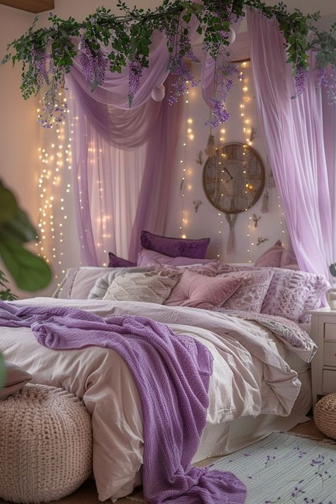 Lavender Blue Bedroom Ideas, Fairy Boho Bedroom, Wisteria Bed Canopy, Light Color Bedroom Ideas, Canopy Curtain Ideas, Purple Canopy Bed, Room With Canopy Bed, Wisteria Bedroom Decor, Bed Canopy Aesthetic