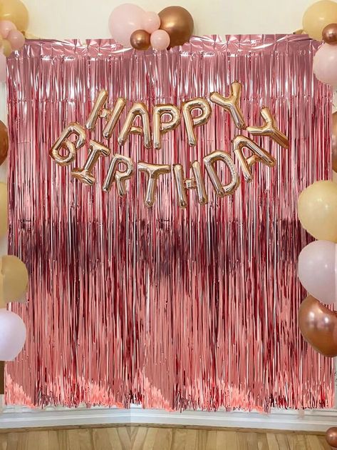 1pc Party Backdrop, Metallic Foil Fringe Tinsel Curtain, Adult Kids Birthday Party Wedding Decoration Baby Shower Favor Supplies for Sale New Zealand| New Collection Online| SHEIN New Zealand Rose Gold Outdoor Party Decor, Pink Backdrop Birthday Photoshoot, Outside Birthday Party Decorations, Rose Gold Themed Birthday Party Ideas, Rose Gold Backdrop Birthday, Photo Booth Backdrop Birthday, Birthday Background Decoration, Rose Gold Party Favors, Easy Birthday Party Decorations