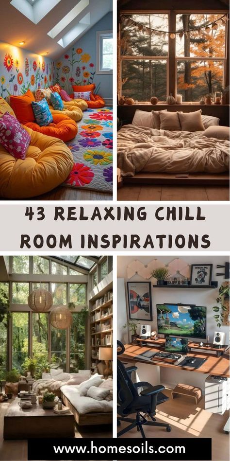 Create the perfect retreat with these 43 relaxing chill room inspirations! From cozy seating to calming decor, design a peaceful space to unwind and recharge. Visit our site for more ideas! She Cave Ideas, Cozy Hangout Room Ideas, Cozy Hangout Space, Chill Area In Bedroom, Chill Out Room Ideas, Retreat Room Ideas, Relax Corner Ideas, Day Room Ideas, Relax Room Ideas