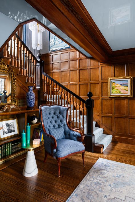 Lighting Design Living Room, Kitchen Design Lighting, Gothic Revival Interior, Bronxville New York, Gothic Revival House, Interior Staircase, Revival Architecture, Wallpaper Ceiling, Shingle Exterior