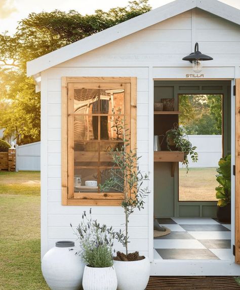 INCLUDE PLANTER POTS White Garden Shed, Tuff Shed Ideas, Shed Exterior Ideas, White Shed, Farmhouse Sheds, Cedar Shed, Shed Landscaping, Shed Makeover, Shed Office