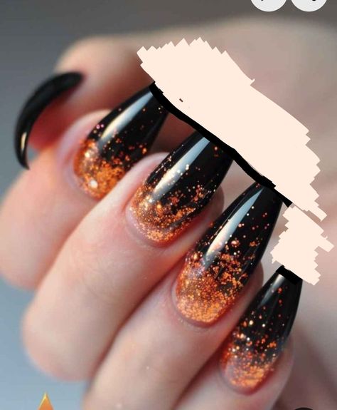 Black To Orange Ombre Nails, Witchy Nails Coffin Shape, Orange And Black Ombre Nails, Fall Autumn Nails, Lady Nails, Orange Ombre Nails, Black Ombre Nails, Black Nails With Glitter, Witchy Nails