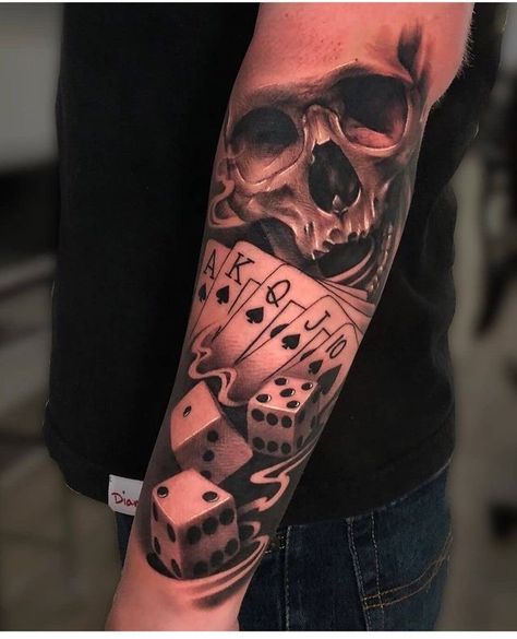 Skull And Cards Tattoo Design, Skull Playing Cards Tattoo, Wrist Sleeve Tattoo Men, Life Is A Gamble Tattoo Design, Hustle Tattoo For Men, Lifes A Gamble Tattoo, Hustle Tattoo, Dice Tattoos, Poker Tattoo