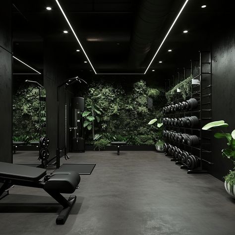 Midjourney Feed Home Gym Aesthetic Black, Basement Gym Black Ceiling, Gym Facilities Design, Dark Gym Interior, All Black Gym Interior, Black Garage Gym Ideas, Black Gym Interior Design, Moody Workout Aesthetic, Black Home Gym Aesthetic