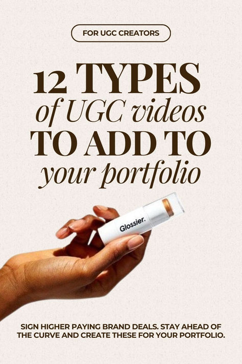 For UGC Creators:
12 VIDEOS TO ADD TO YOUR UGC PORTFOLIO 
SIGN HIGHER PAYING BRAND DEALS. Stay Ahead of the Curve AND CREATE THESE FOR YOUR PORTFOLIO.

ugc creator hand holding a glossier bronzer, trendy content creator aesthetic How To Create A Ugc Portfolio, Ugc Content Equipment, Ugc Portfolio Ideas For Beginners, Ugc Portfolio Example, How To Start Ugc, Ugc Props, Ucg Content Ideas, Ugc Creator Aesthetic, Ugc Photography Ideas