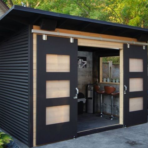 Backyard Shed Bar Ideas, Shed Bar Ideas, Sheds Ideas Backyard, Pool Shed, Backyard Storage Sheds, Bar Shed, Modern Shed, Backyard Storage, Backyard Bar