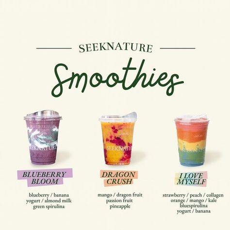 SEEKNATURE on Instagram: "Boost your health with our irresistibly fresh smoothies ✨ 🍏  Tell us which one is your favorite!  Seeknature gardening cafe Coffee, Bakery, Workshop Keto, Smoothies   We open daily 8AM - 6PM" Drinks Business Ideas, Smoothie Cafe Design, Smoothie Business Ideas, Beverage Design Packaging, Smoothies Packaging, Smoothie Branding, Shake Packaging, Smoothie Instagram, Bakery Workshop