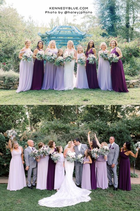 Kennedy Blue's versatile collection of bridesmaid dresses offer a wide array of purple shades. Featured colors in this photo are Eggplant, French Lilac and Wisteria. Light Purple Bridesmaid Dresses, Plum Bridesmaid, Dark Purple Bridesmaid Dresses, Wine Bridesmaid Dresses, Wisteria Bridesmaid Dresses, Lilac Bridesmaid, Plum Bridesmaid Dresses, Early Spring Wedding, Lavender Bridesmaid