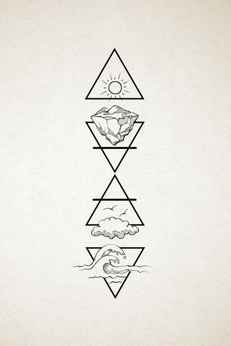 Geometric Elements Tattoo, Earth Triangle Tattoo, Five Elements Tattoo, Triangles Tattoo, Unique Sleeve Tattoos, Celtic Turtle, Four Elements Tattoo, Geometric Triangle Tattoo, Pyramid Tattoo