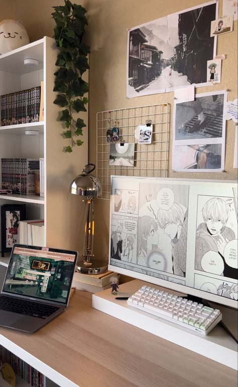 Room Set Up Ideas Aesthetic, Shelf Desk Decor, Aesthetic Room Anime Decor, Anime Aesthetic Apartment, Asian Desk Aesthetic, Anime Board Ideas, Totoro Bedroom Decor, Subtle Anime Room Decor, Aesthetic Desk With Monitor