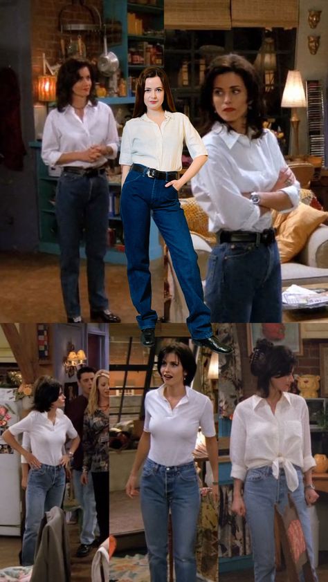 1985 Fashion Woman Outfit, Friends Cast Outfits, Friends Series Outfits, Friends Style 90s Outfit, 90s Friends Fashion, Friends Outfits 90s Monica, Monica Friends Outfits, 90s Sitcom Fashion, Friends Tv Show Outfits