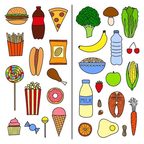 Food Unhealthy, Healthy Food Activities For Preschool, Healthy Food Pictures, Healthy Food Activities, Healthy And Unhealthy Food, Food Activities, Preschool Colors, Food Cartoon, Preschool Art Activities