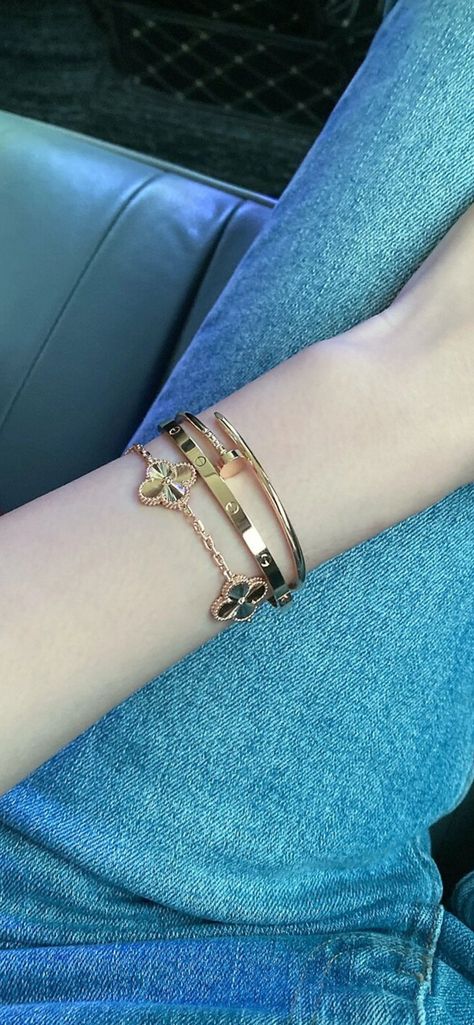 Rose Gold Cartier Love Bracelet Stack, Vca Cartier Stack, Gold Bracelet Cartier, Love Bangle Cartier, Stack Gold Bracelets, Cartier Small Love Bracelet Stack, Cartier Bracelet Stack Ideas, Alhambra Bracelet Stack, Cartier Love Stack