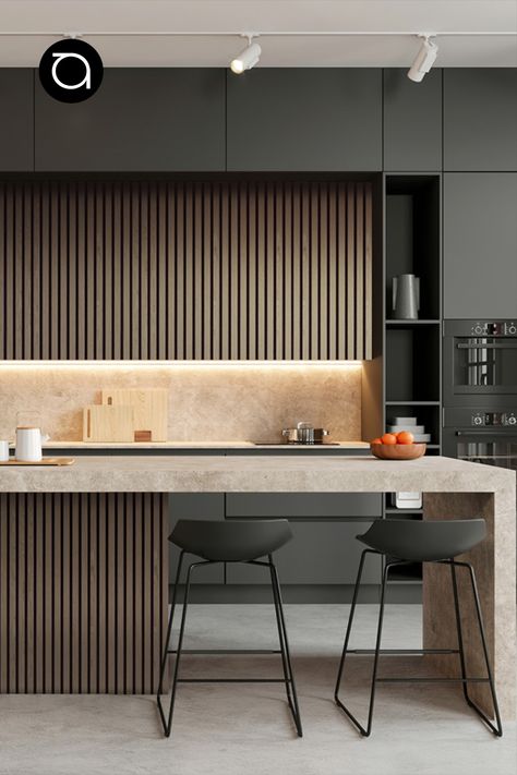 Image shows a modern kitchen with vertical wooden slat veneer panels against a back lit kitchen worktop. In the foreground you can see a marble worktop and two black stools. Modern Kitchen Island, Kitchen Inspiration Design, Interior Modern, Kitchen Trends, Design Del Prodotto, Decor Minimalist, Kitchen Designs, Design Luxury, Contemporary Kitchen