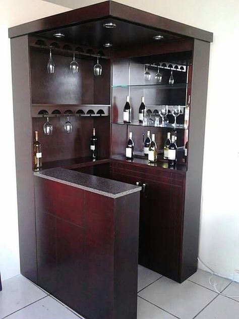 Home Bar Ideas Small Corner, Bar Counter Design Home, Corner Bar Ideas, Mini Bar At Home, Small Bars For Home, Home Bar Counter, Corner Bar Cabinet, Potpourri Stovetop, Home Bar Ideas