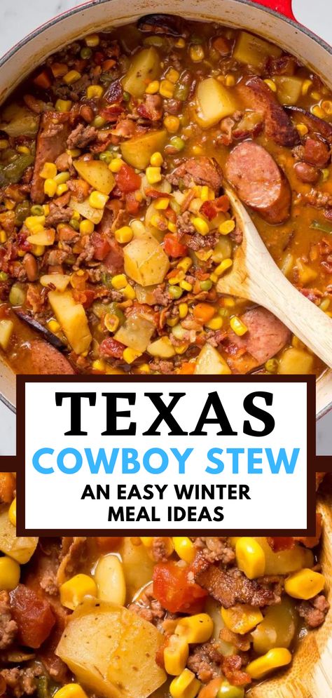 Cowboys Stew Recipe, Country Stew Recipes, Poor Mans Stew Slow Cooker, Bratwurst Stew Crock Pot, Crockpot Recipes Rainy Day, Cowboy Stew In Crockpot, Cowboy Recipes Pioneer Woman, One Pot Cowboy Stew, Cowboy Stew 12 Tomatoes