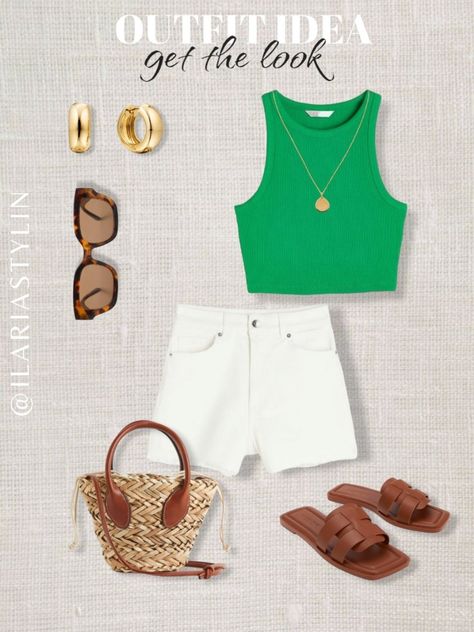 fashion inspo, summer fashion, summer outfit, summer outfit idea, outfit inspo, comfy chic, casual outfit, casual chic, effortless outfit, green top, tank top, white shorts, denim shorts, tan slides, brown slides, tan sandals, brown sandals, tan bag, straw bag, mini bag, style inspo, women fashion Light Green Crop Top Outfit, White Shorts Outfit Summer Casual, Green Top Outfit Summer, Green Casual Outfit, Amber Outfit, Green Crop Top Outfit, Outfits Calor, Steve Madden Sneakers Outfit, Green Summer Outfit