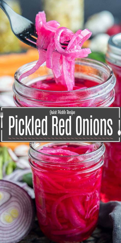 This easy quick pickled red onion recipe is a delicious way to add a little extra flavor to any dish with just 5 simple ingredients. These easy pickled red onions are a great addition to tacos, sandwiches, burgers....just about anything! The vinegar and sugar gives them a tangy flavor that you're going to love. Learn how to quick pickle vegetables with almost no effort and have pickled onions in your refrigerator any time you want them! Pickled Red Onion Recipe, Picked Red Onions, Pickle Onions Recipe, Pickled Vegetables Recipe, Pickled Red Onion, Red Onion Recipes, Quick Pickled Red Onions, Pickled Onion, Preserving Foods